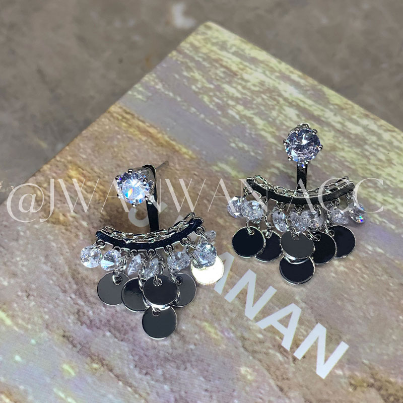 铜合金锆石耳饰 星光熠熠.闪钻前后戴银色亮片流苏度假风耳环