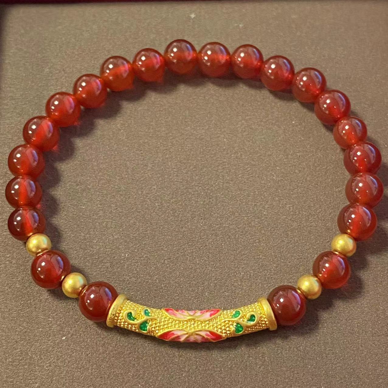 锦绣 足金999莲花弯管+卡4古法4颗 红玛 瑙手串 @@A237