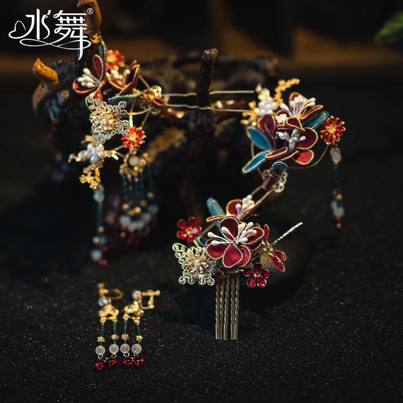 水舞U1575中式金底红花朵复古发钗四件套气质简约新娘婚礼头饰