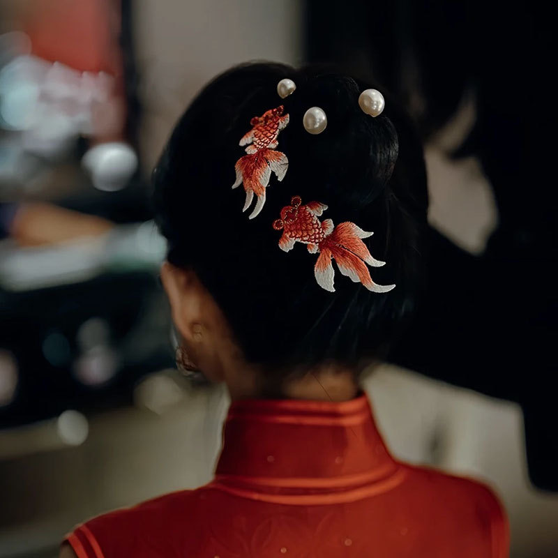 水舞A5087新娘头饰红色锦鲤手工国风刺绣发簪结婚复古旗袍配饰品