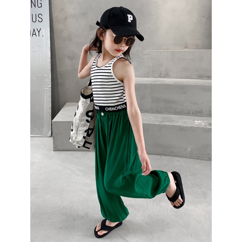 女童裤子灯笼裤新款束脚休闲裤亚麻纯色柔软垂感宝宝夏薄款防蚊裤