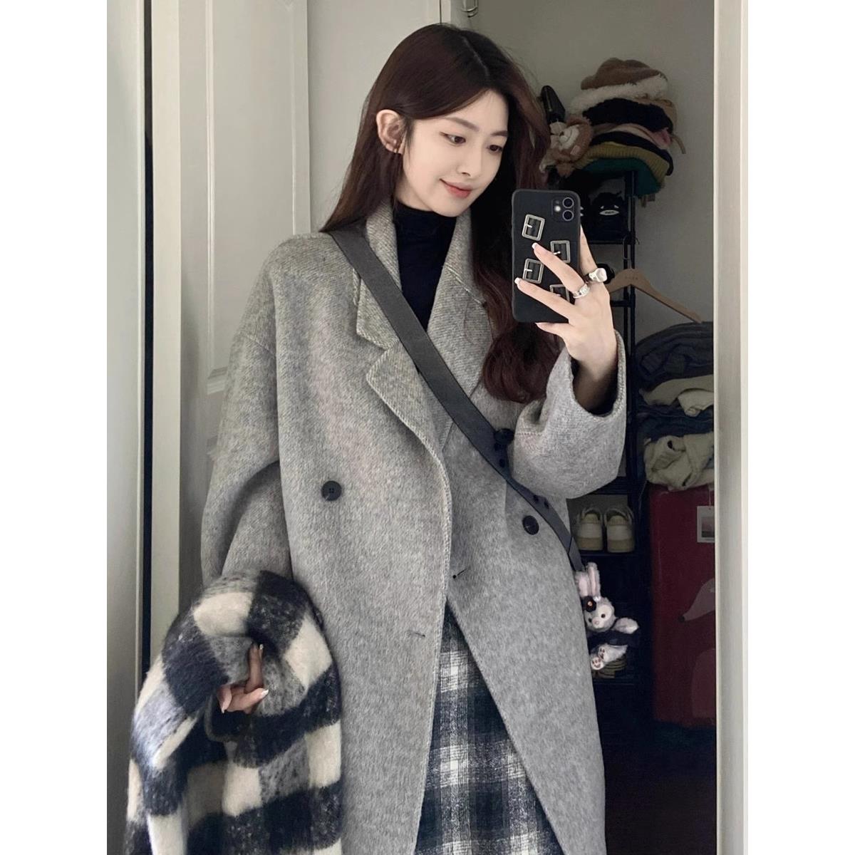 灰色羊绒大衣女高级感双面呢外套羊毛2023秋冬新款毛呢加厚小个子