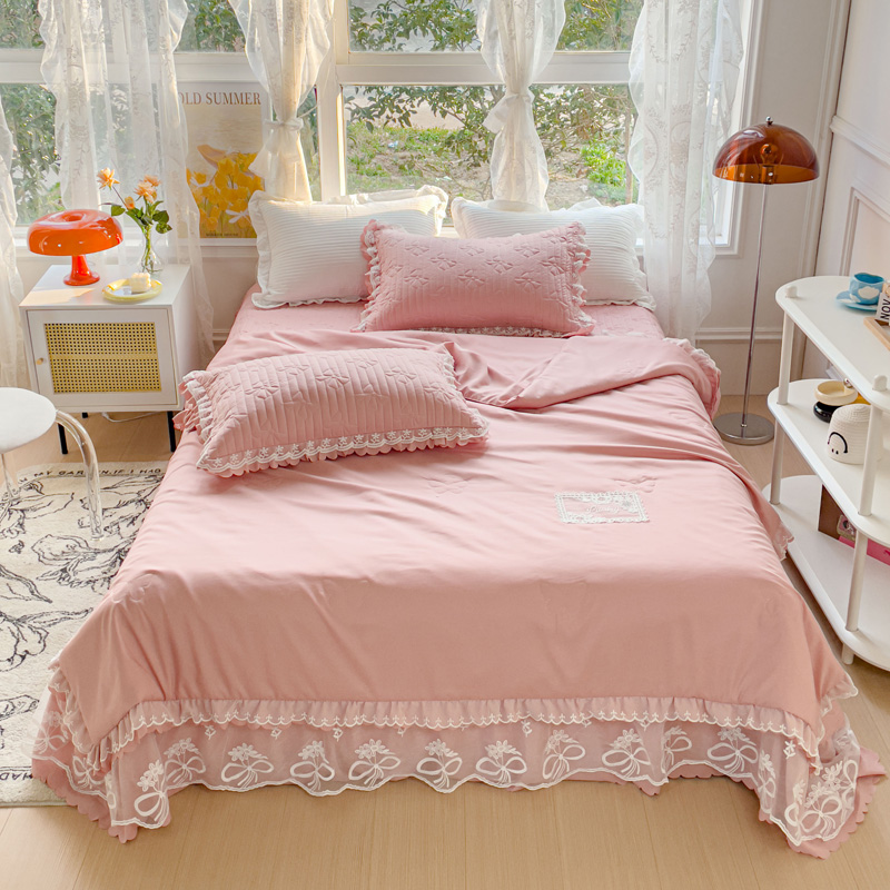 新款水洗棉麻床盖夏被四件套纯色夏被四件套床盖小清新简约少女心