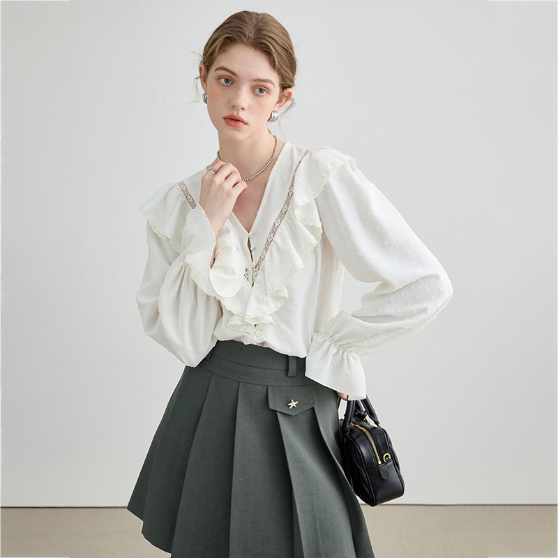 VEGA CHANG2024春新款法式繁复荷叶边典雅别致气质白色长袖衬衫女