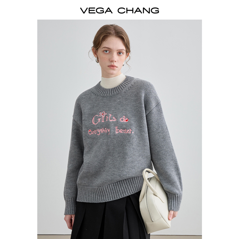 【直播福利】毛针织衫女2023年秋冬新款宽松刺绣圆领长袖毛衣