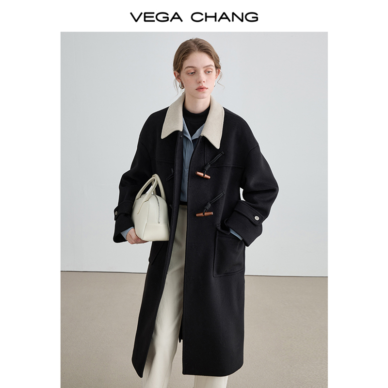 VEGA CHANG2023秋冬新款韩版休闲翻领牛角扣黑色中长款毛呢大衣女
