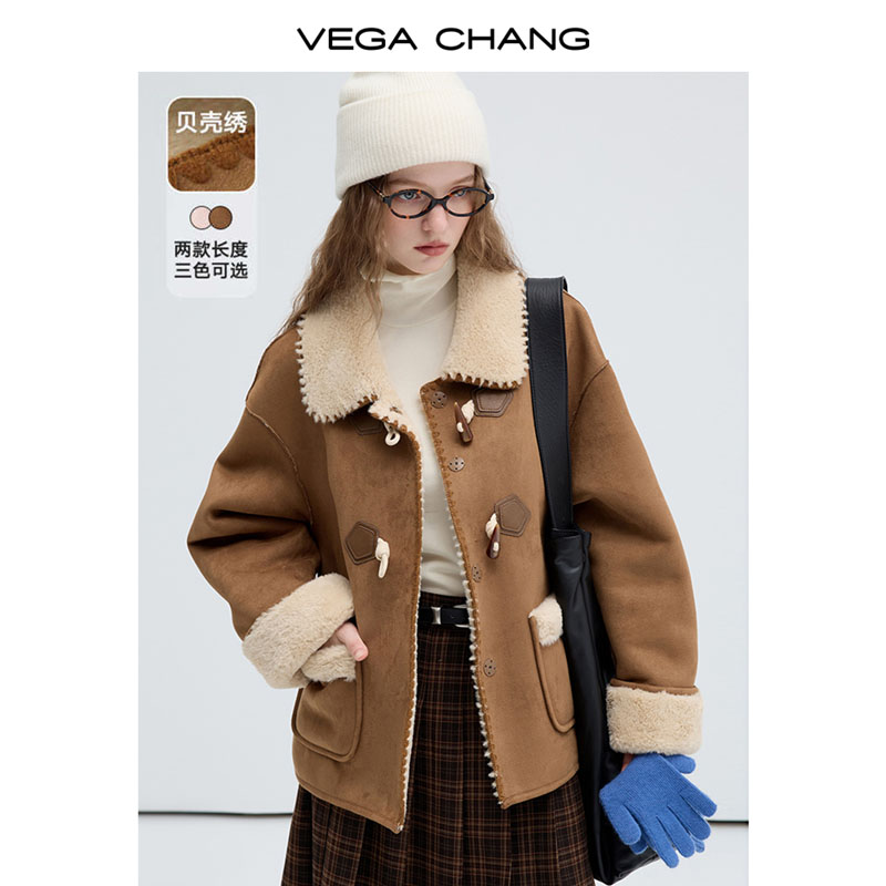 【沙丘绒】VEGA CHANG雅丹风皮毛一体短外套牛角扣加绒短外套0158XH