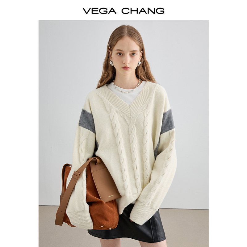 VEGA CHANG拼色复古针织衫2024春季款软糯时髦宽松韩系休闲风