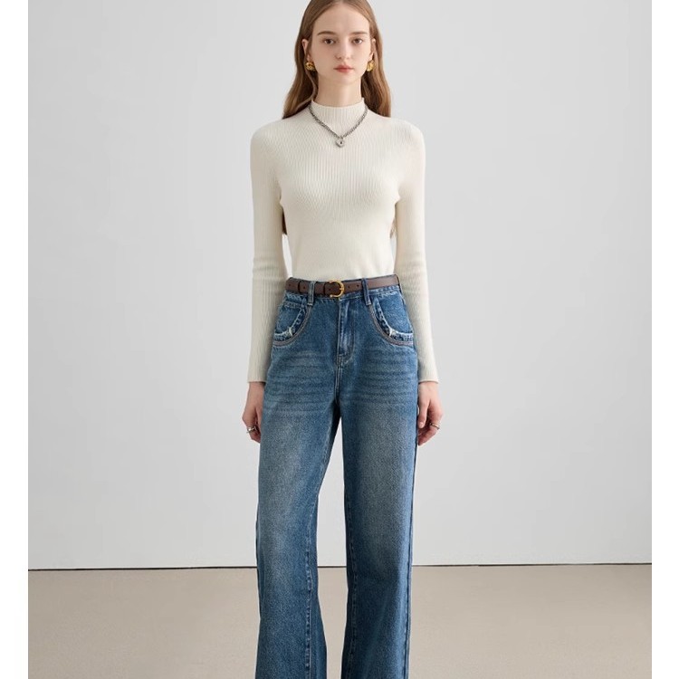 VEGA CHANG千调牛仔裤女高腰直筒复古显瘦休闲百搭低腰阔腿裤时尚