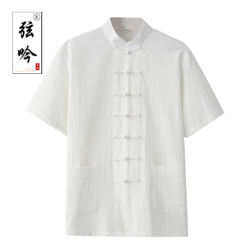 XIANYIN/弦吟夏季棉麻休闲短袖唐装国风衬衫新中式复古盘扣太极服