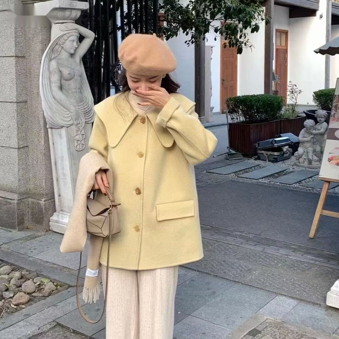 胖mm特大码300斤娃娃领双面呢子大衣女装秋冬小香风宽松毛呢外套