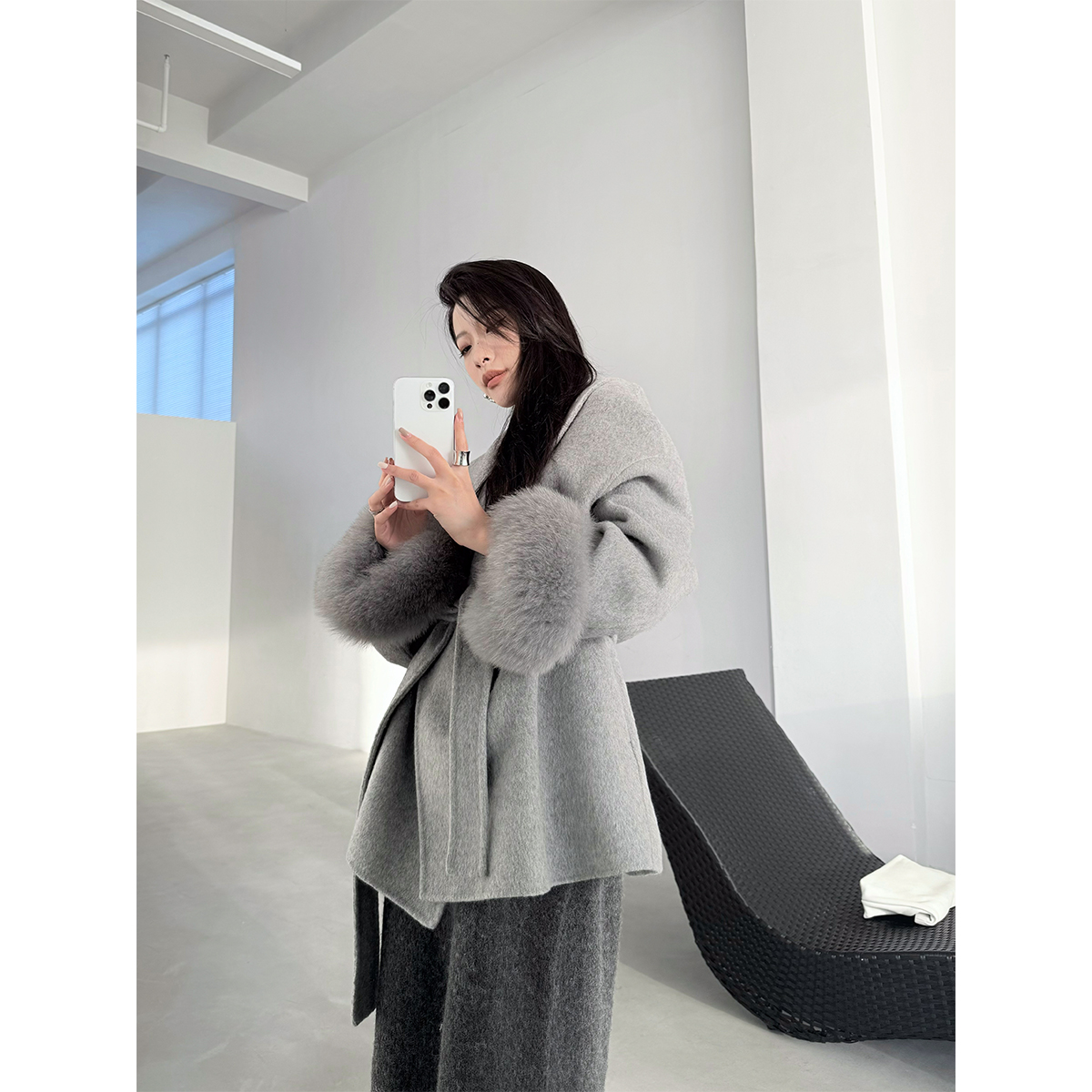 P1126Y3457 袖口可拆卸澳洲羊毛短款双面尼气质大衣女08.04抖