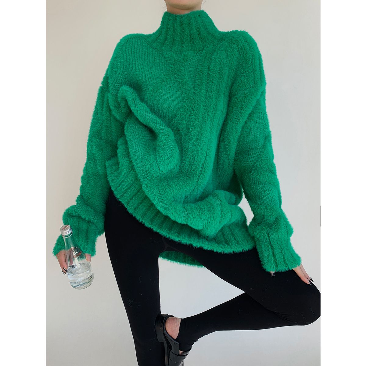 P1228Z1874高领套头毛衣女宽松秋冬慵懒绿色针织外套 07.31抖