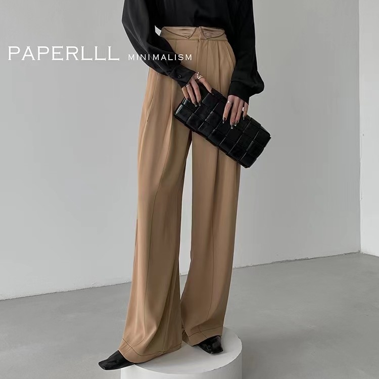 【清】P0429Y2060 季新品缎面裤腰拼接阔腿裤垂坠宽松长裤女08.08抖