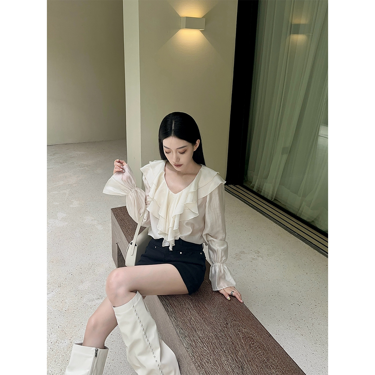 P0708C3245 高级感天丝荷叶边领子衬衫女微透质感法式衬衣08.06抖
