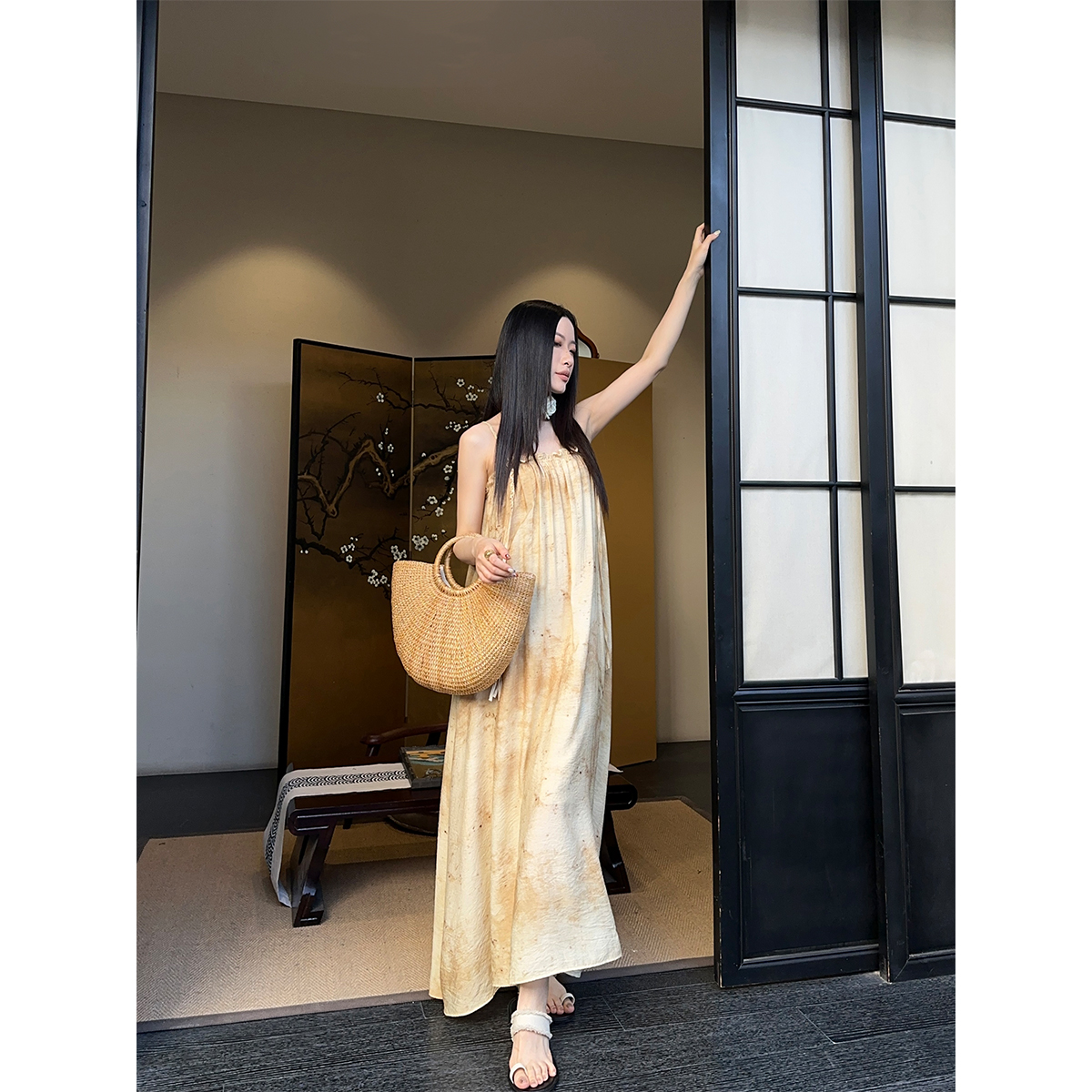 【清】P0608Q3199 麻花纽结方领连衣裙女宽松飘逸感长裙带口袋