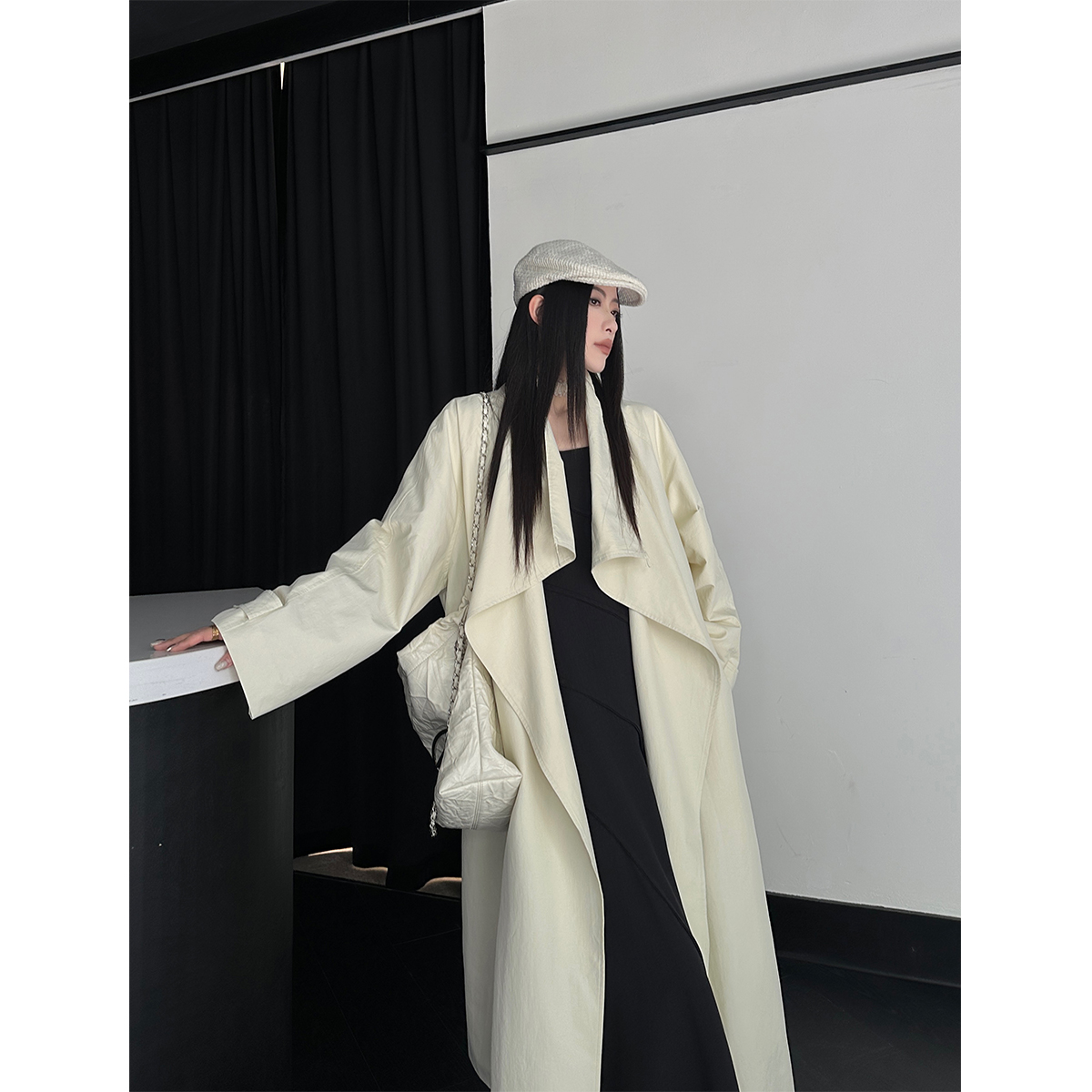 P0820F3309大翻领中长款风衣早秋复古宽松休闲大衣外套08.04抖