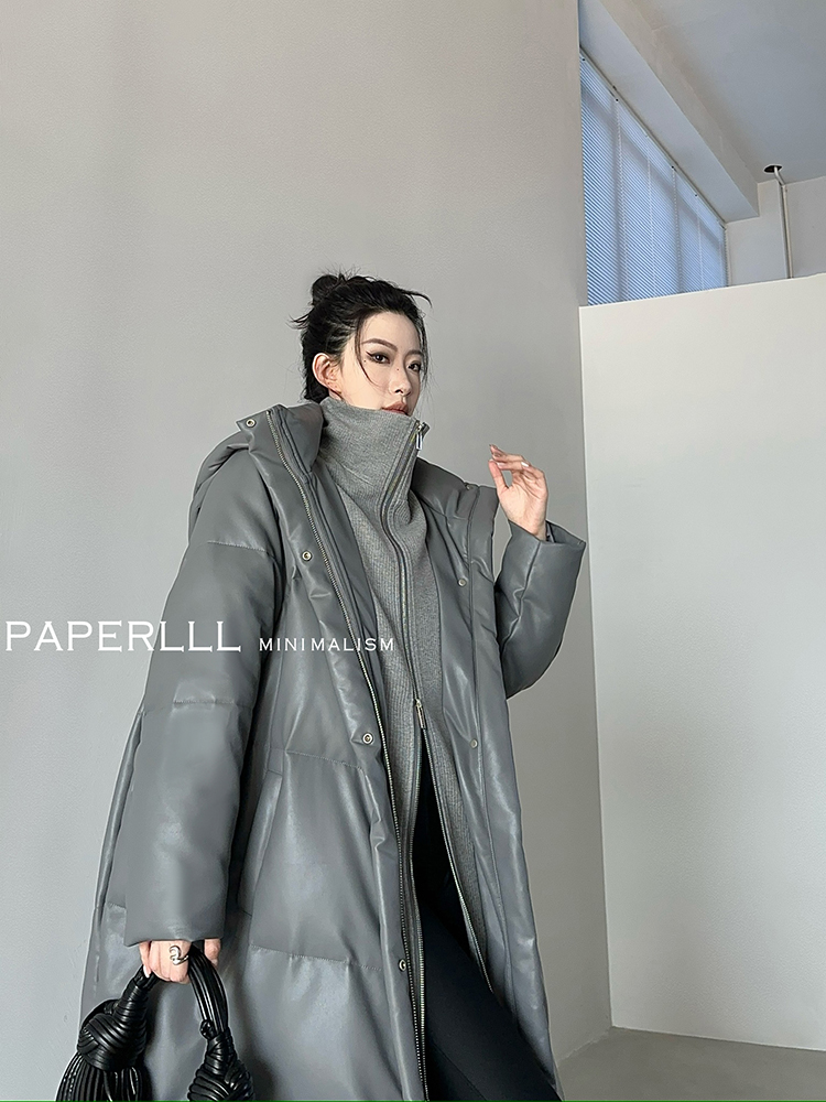 P1031Y3423假两件长款白鸭绒皮羽绒服女2024新款连帽冬季外套