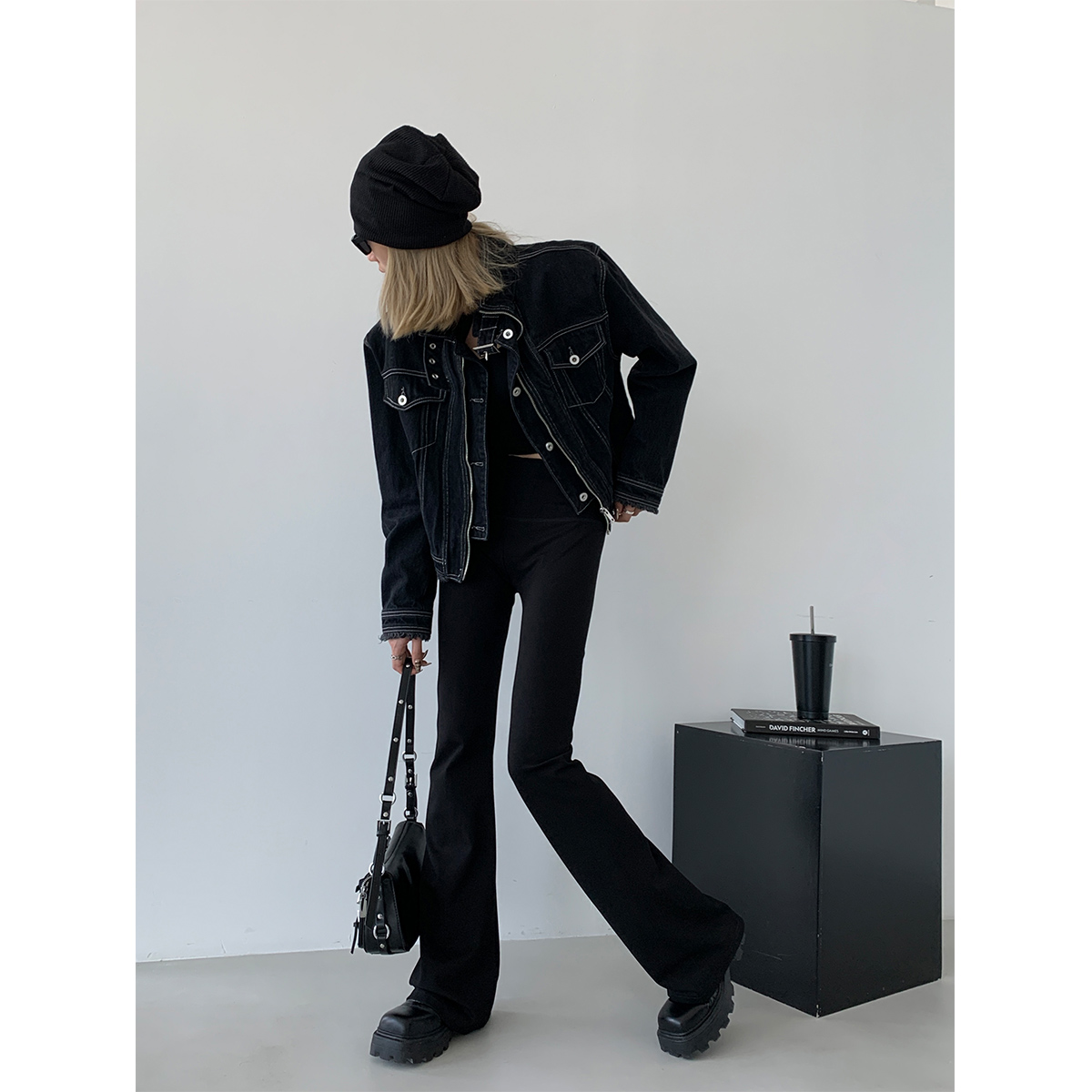 【清】P0211Y2514 炸街短款牛仔外套女立领酒红色机车夹克