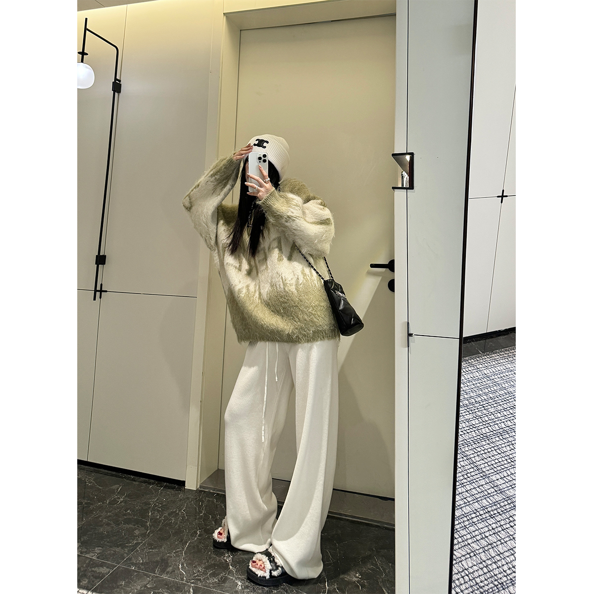 P1031K3413抽绳毛织长裤慵懒感居家保暖休闲宽松阔腿裤08.04抖