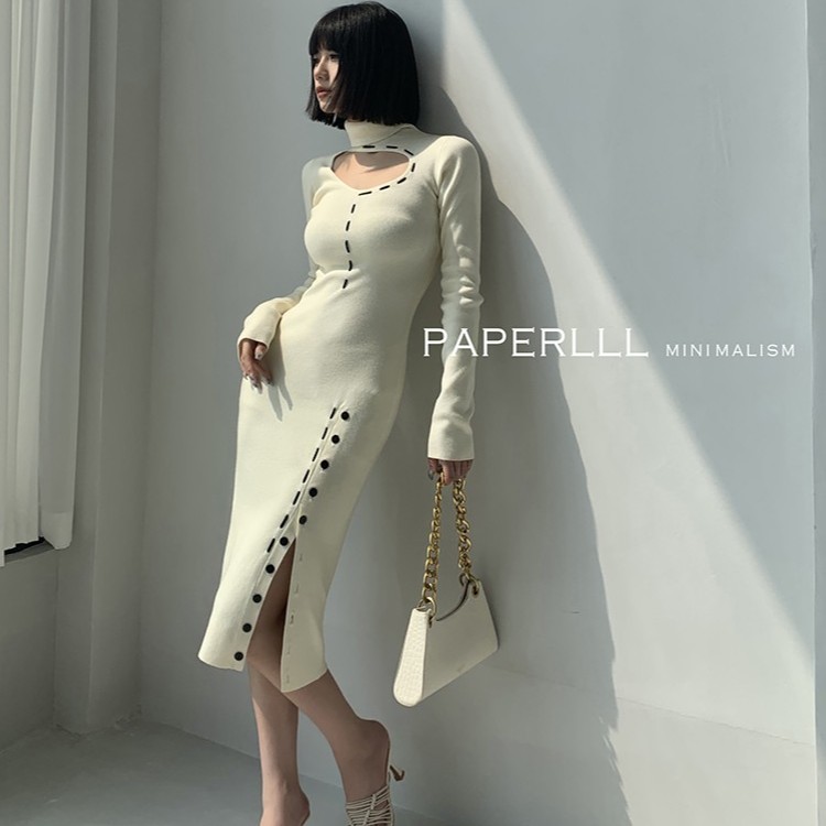 【清】P1031Q2361 紧身镂空高领撞色线条长款连衣裙女