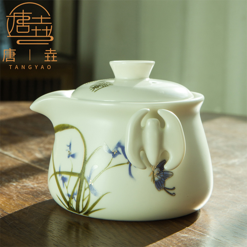 唐垚陶瓷功夫茶具茶壶大号手抓壶带滤网家用泡茶壶脂白日式单壶