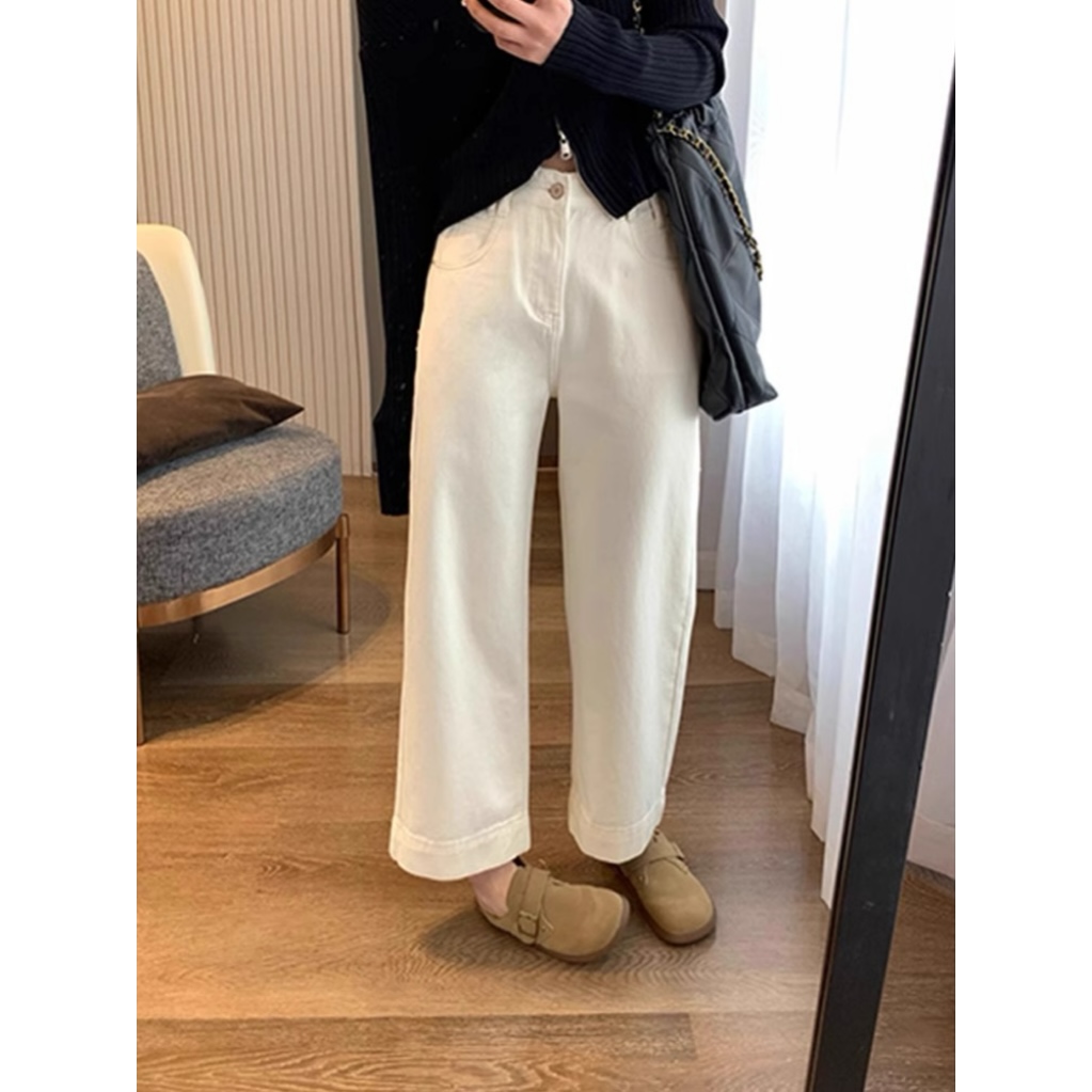 【现货+运费险】白色裤子直筒牛仔裤女春秋新款高腰大码显瘦九分裤