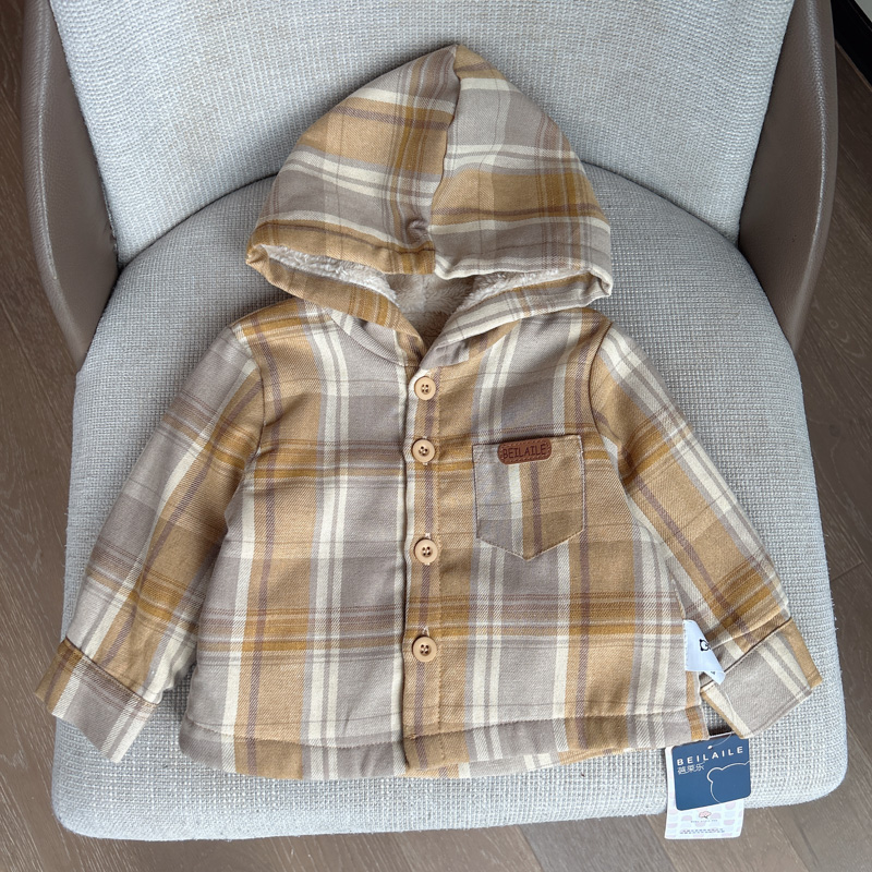 【格子加厚带帽棉服 小乐妈咪】衬衣男童衬衫外套格子儿童上衣服K8
