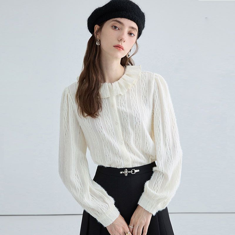 宫廷风花边领衬衫女2023新款早春设计感保暖内搭打底衫公主袖上衣