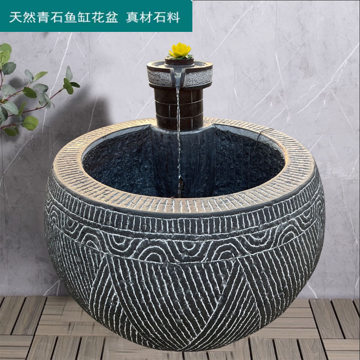 石雕鱼缸花盆石磨流水景观青石仿古水缸庭院流水石头大缸养鱼门海