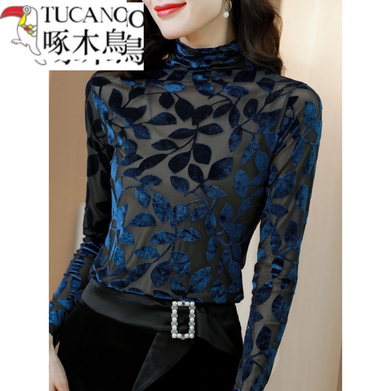 啄木鸟高领植绒打底衫女士秋季内搭加绒加厚上衣服洋气中老年丝绒