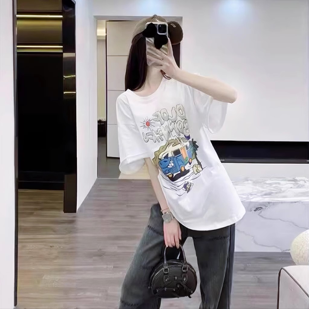 长款白色短袖t恤女夏季薄款2024新款欧货大版洋气中长款遮屁股