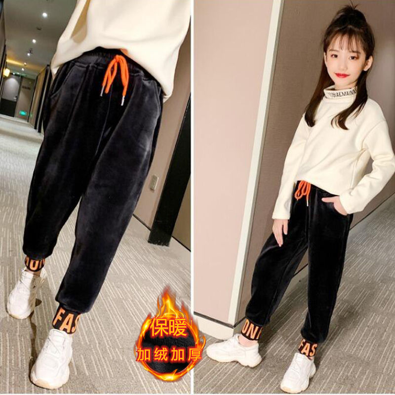 女童加绒裤秋冬装新款中大儿童韩版运动裤女孩洋气宽松保暖休闲裤