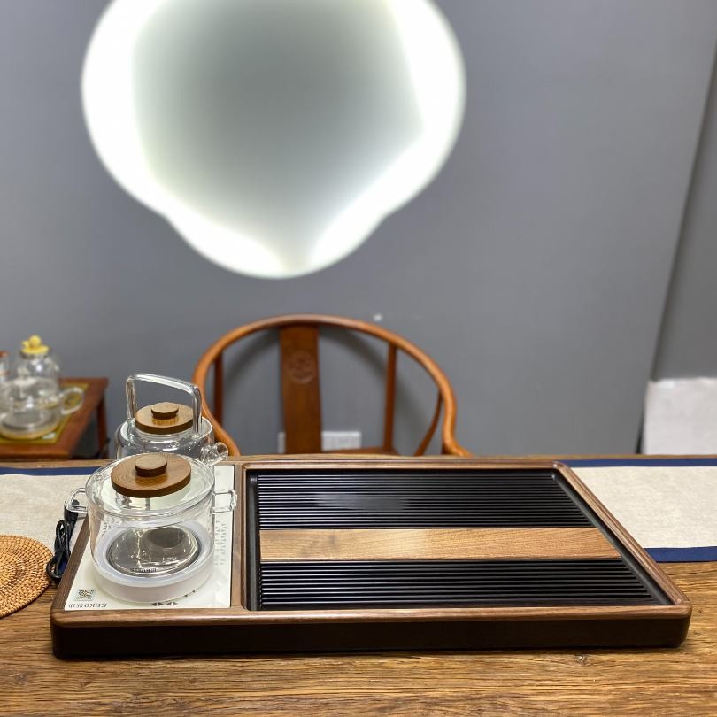 胡桃木+电木茶盘轻奢高档高端茶盘简约家用茶具中式泡茶实木茶盘