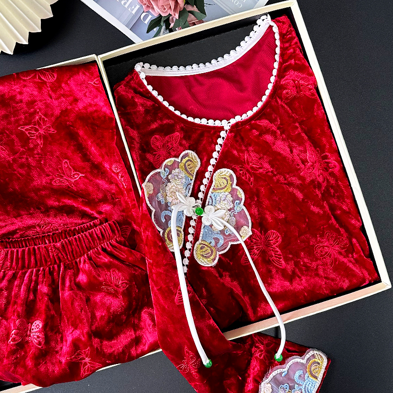 红色刺绣蝴蝶金丝绒新中式国风睡衣女套头春秋长袖家居服冬加大码