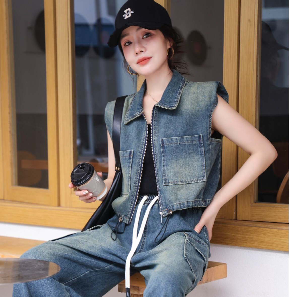 2024款显瘦休闲时尚复古宽松无袖韩版外穿秋款百搭牛仔套装8419