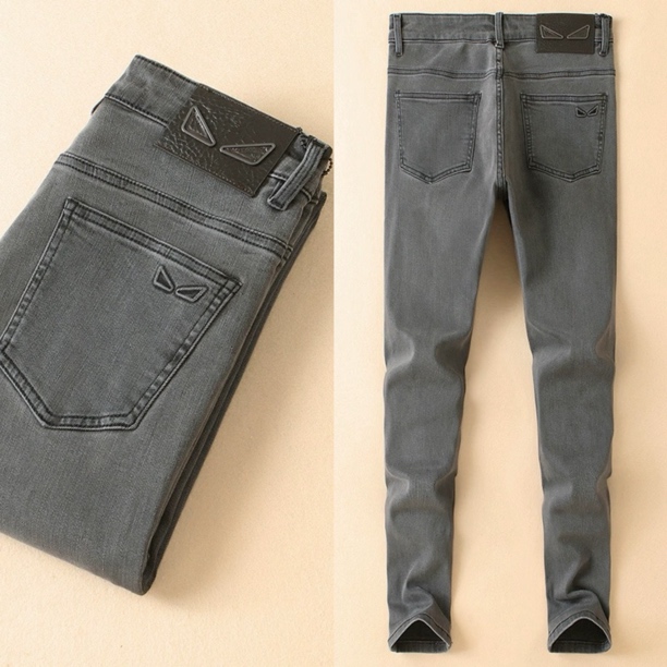秋冬欧洲站潮牌浅灰色牛仔裤男修身小脚裤轻奢复古休闲直筒长裤子