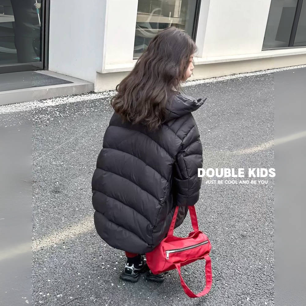 韩版女童宽松洋气羽绒服长款外套中大童保暖黑色冬季外套时尚百搭
