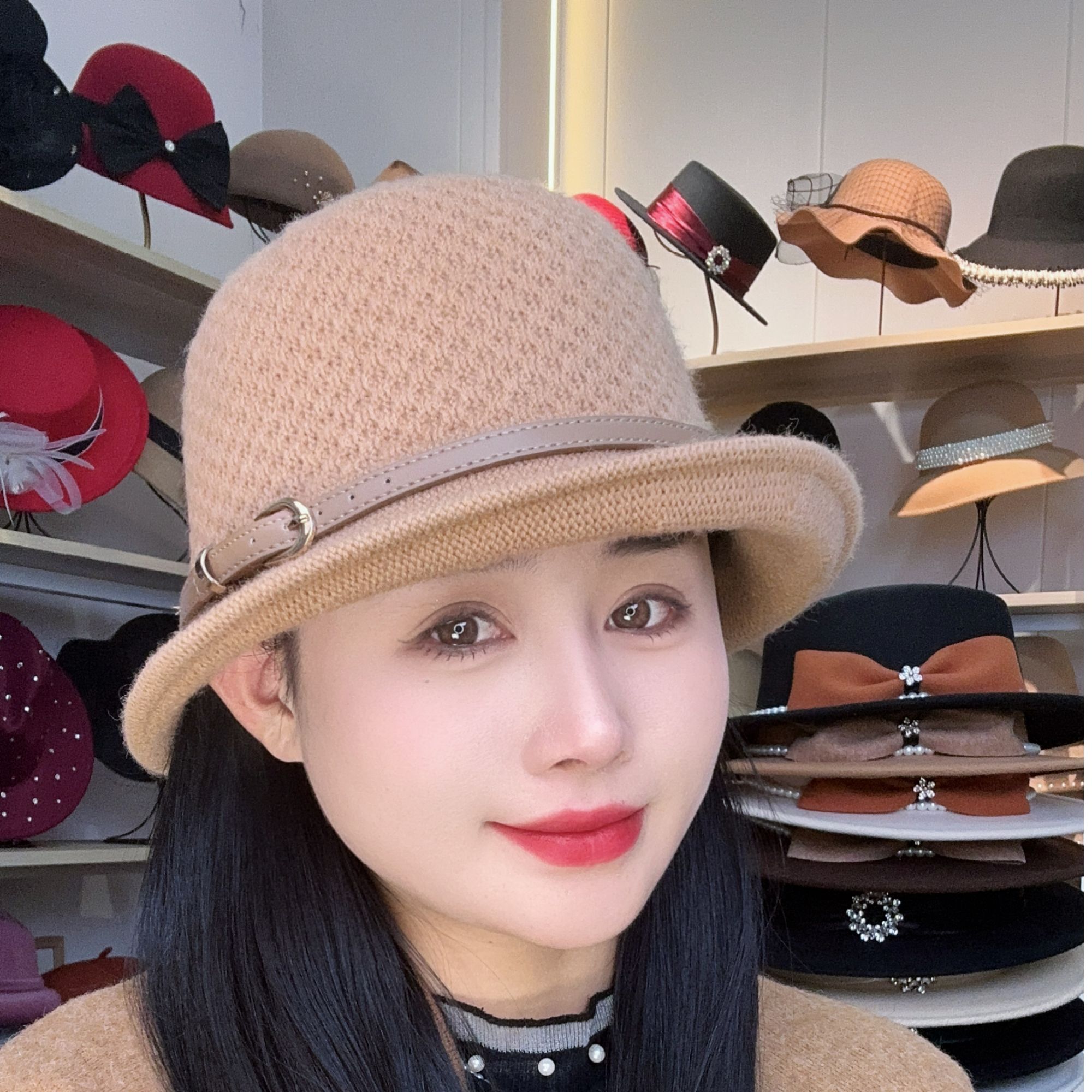 百搭优雅渔夫帽秋冬季优雅法式气质皮扣新款针织韩版礼帽盆帽