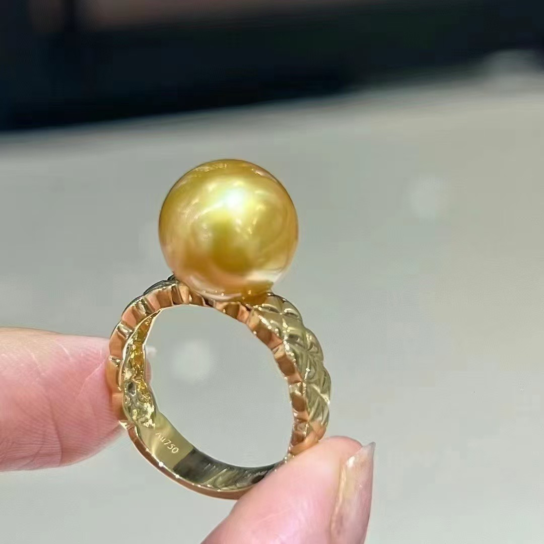 天然南洋金珠豪华海水金色珍珠戒指18K真金镶嵌经典复古气质女王