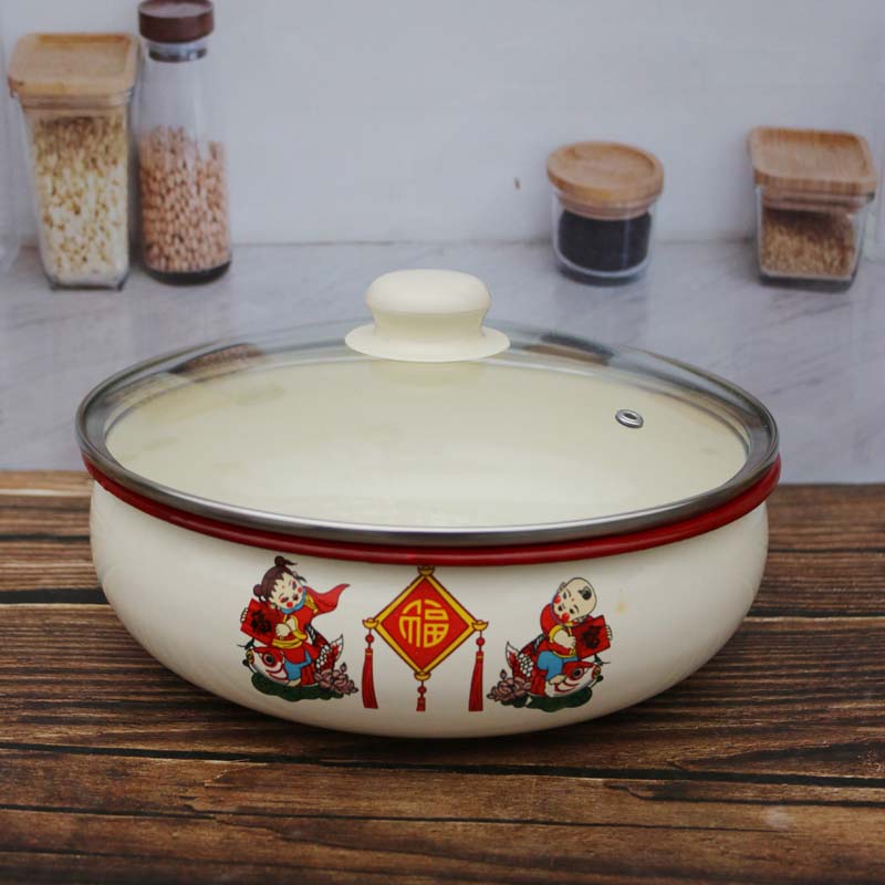 加厚搪瓷元宝碗复古带盖搅拌铁瓷碗盖盆家用老式猪油瓷盆珐琅汤盆