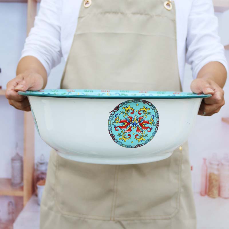 36CM加厚和面盆食品级珐琅搪瓷盆洗脸盆洗菜盆复古搪瓷盆绿钩莲盆