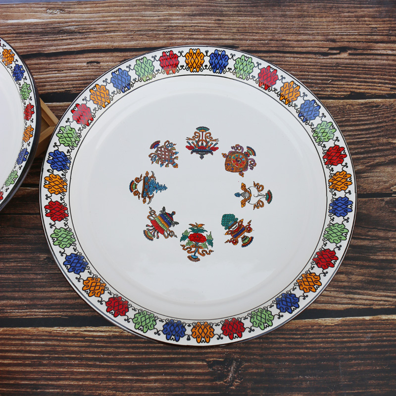 特厚搪瓷圆盘经典怀旧搪瓷茶盘八宝茶盘大盘子大盘鸡水果盘碟托盘