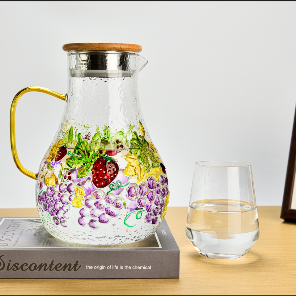 轻奢高硼硅大容量凉水壶耐高温耐低温浮雕葡萄凉水壶茶杯 2000ml