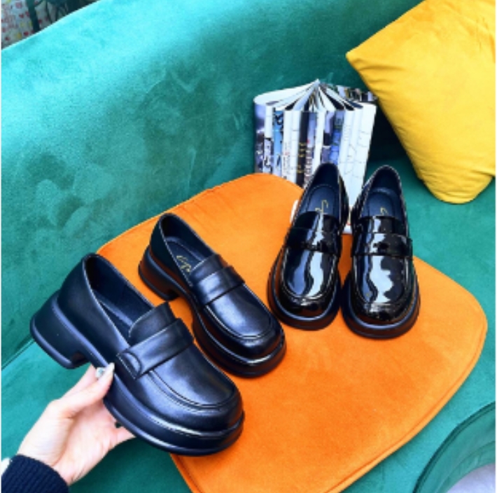 东东秋季新款经典时尚百搭舒适圆头厚底一脚蹬真皮乐福鞋女0218-1