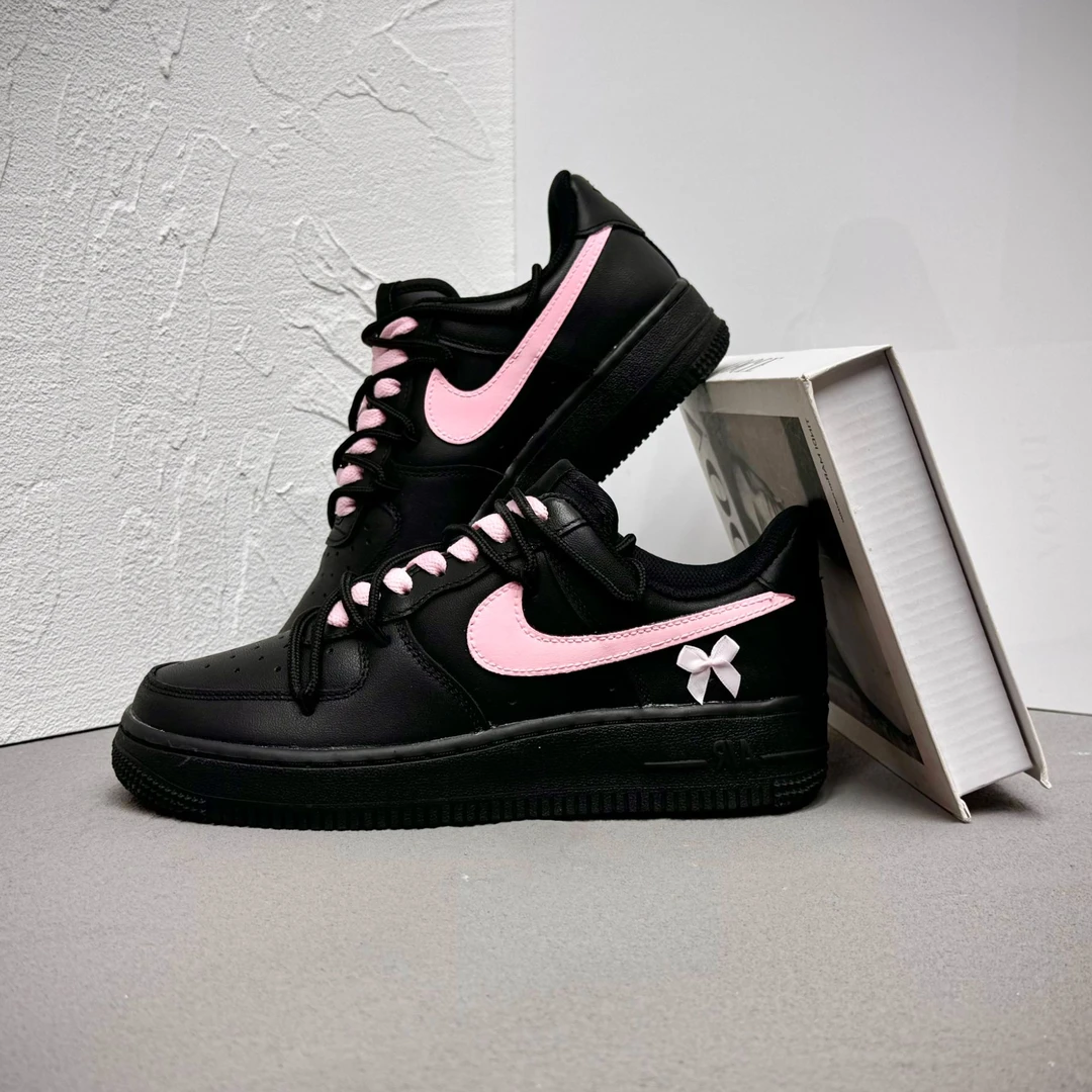 Nike耐克AirForce1定制款空军一号黑粉蝴蝶结女款低帮增高潮鞋