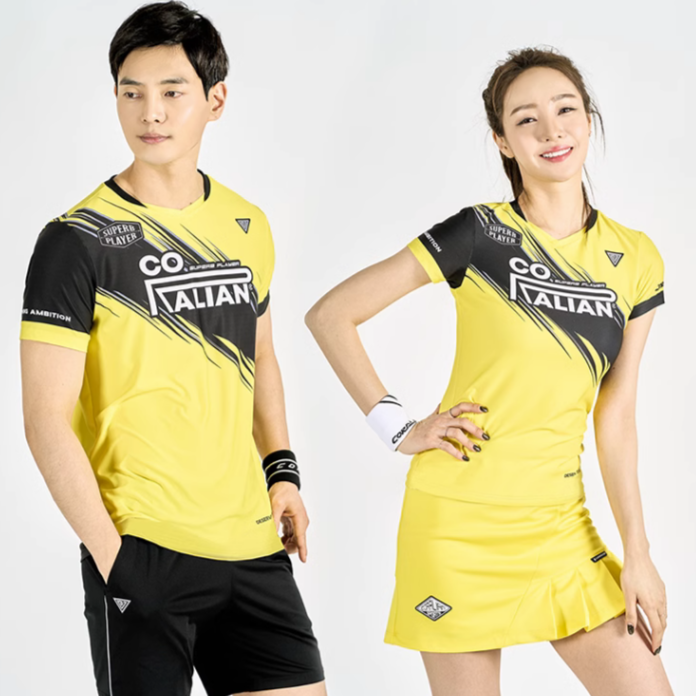可莱安羽毛球服男女新款夏季透气速干短袖上衣情侣黄色运动服套装