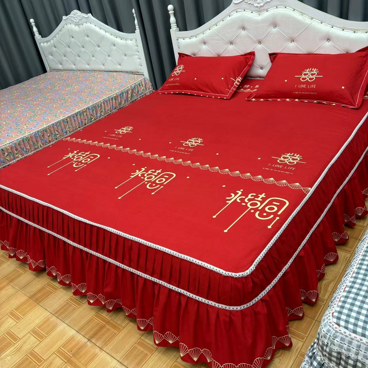 大红永结同心3件套高品防滑加厚床裙款床罩裙摆随机裁剪