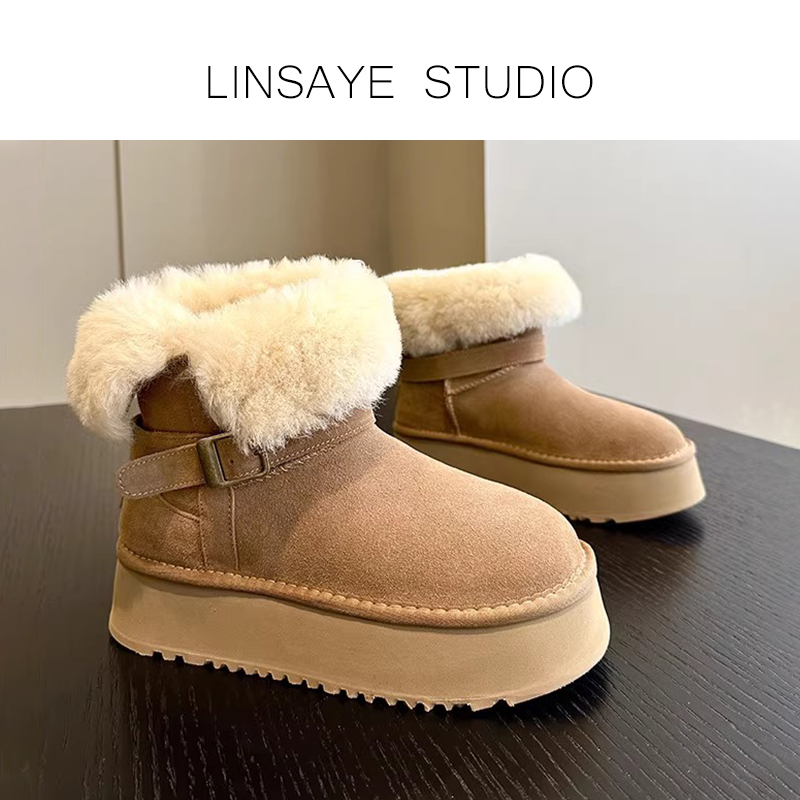 明星同款冬季皮毛一体加绒加厚短筒棉靴爆款保暖棉鞋厚底雪地靴