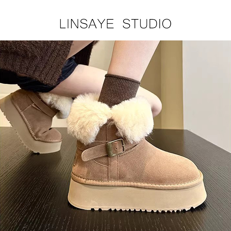 明星同款冬羊皮毛一体加绒加厚短筒棉靴爆款保暖棉鞋厚底雪地靴